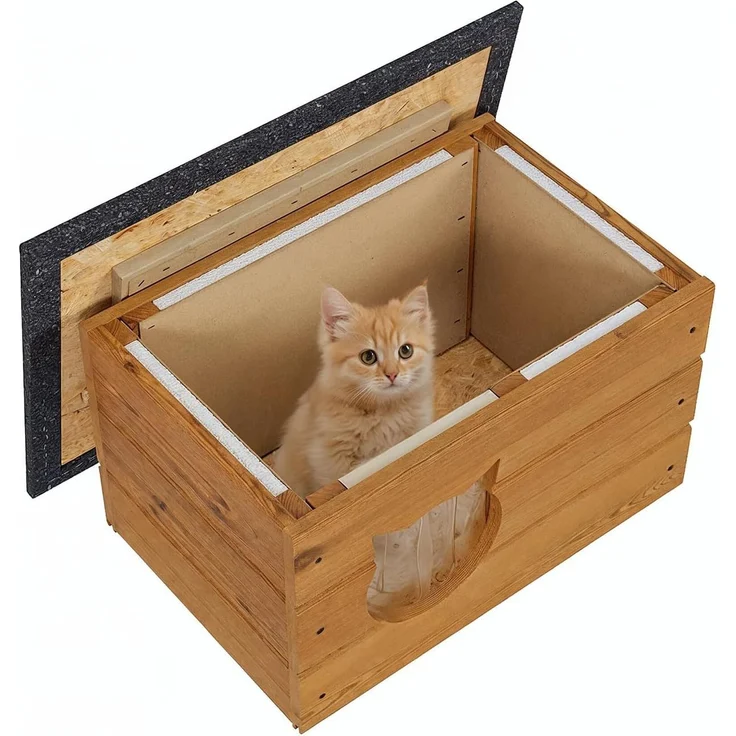 QLS Katzenhaus Isoliert aus Holz 60x40x40 cm, Outdoor Draußen Winterfest mit Vorhang, Teak – Bild 5