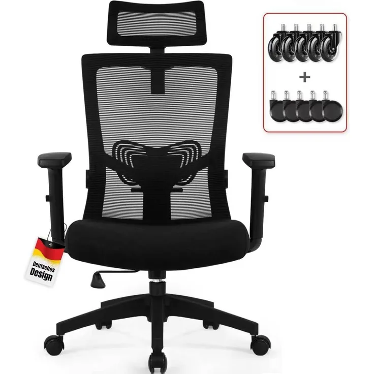 Daccormax Bürostuhl Ergonomisch, Schreibtischstuhl mit Verstellbarer Kopfstütze, Armlehnen, Lendenwirbelstütze, Drehstuhl Wippfunktion bis 135°, Chefsessel aus Mesh,Rückenschonend, Bürostuhl 150kg