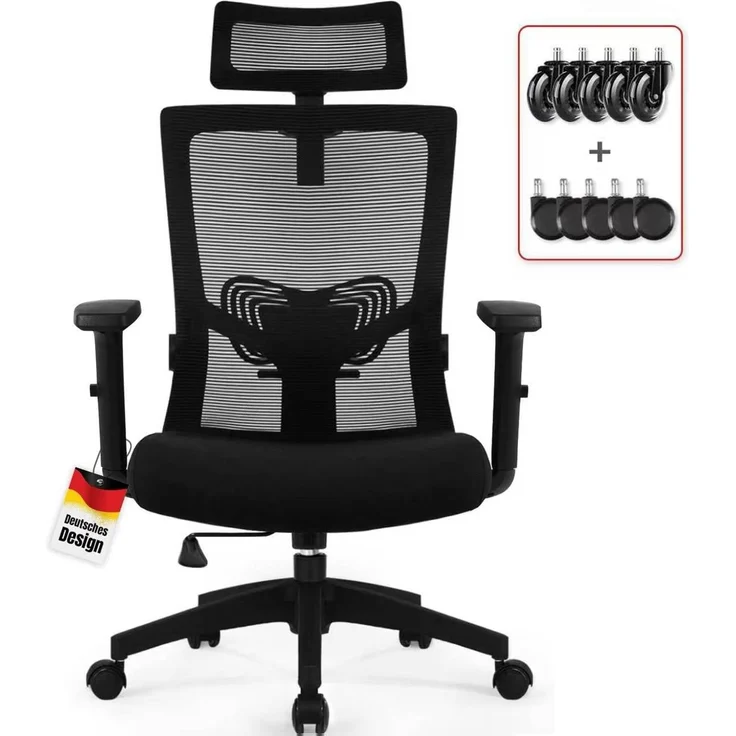 Daccormax Bürostuhl Ergonomisch, Schreibtischstuhl mit Verstellbarer Kopfstütze, Armlehnen, Lendenwirbelstütze, Drehstuhl Wippfunktion bis 135°, Chefsessel aus Mesh,Rückenschonend, Bürostuhl 150kg – Bild 1
