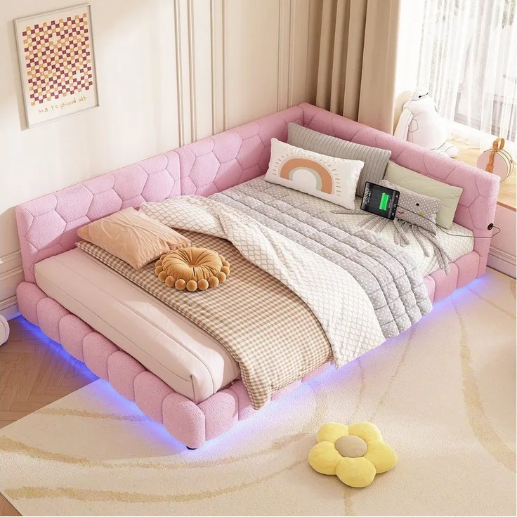 Flieks Polsterbett, LED Doppelbett Daybett Tagesbett Samt 140x200cm mit USB-Anschluss