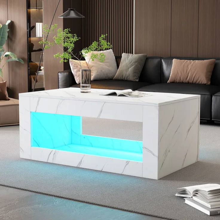 LED-Couchtisch aus Spanplatte mit Hochglanz & Marmoroptik, 100x50x50 cm, Weiß
