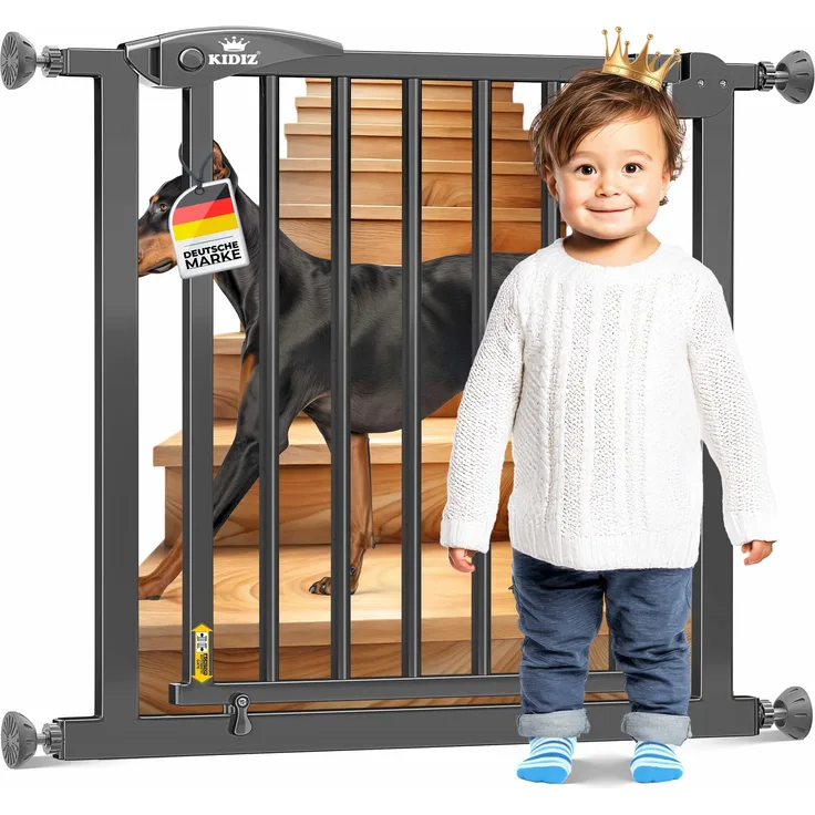KIDIZ® Schutzgitter für Treppen | Tür, Auto Close Kindertreppengitter ohne Bohren | 90° Stop, Absperr Türschutzgitter, schwenkbare Trennwand, Treppenschutzgitter, Klemmen 102 - 115 cm Anthrazit +28