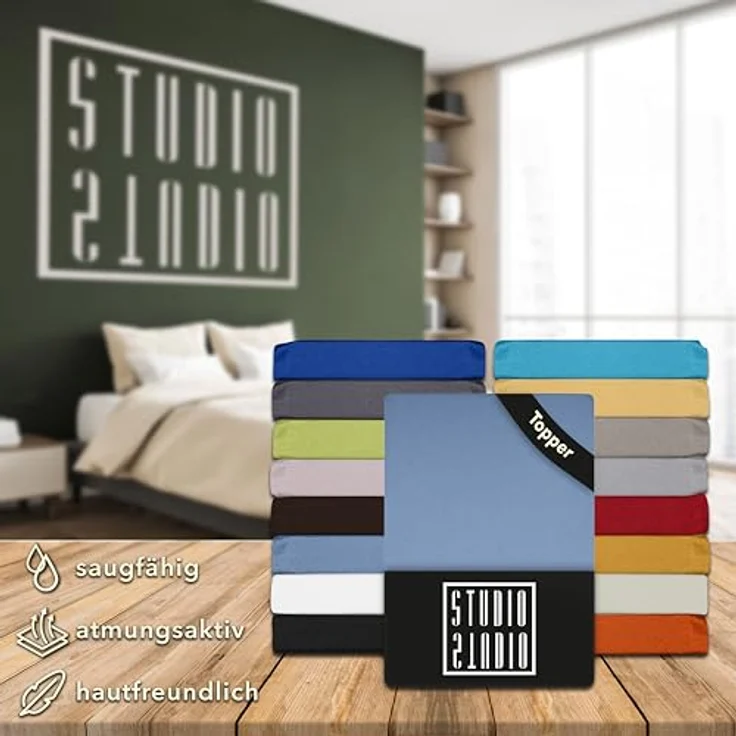 STUDIO Basic Topper Spannbettlaken 100x200 cm, 100% gekämmte Baumwolle, Oeko-TEX 100, Markenqualität, Bettlaken 100x200 Topperbezug Jersey - Mittelblau – Bild 7