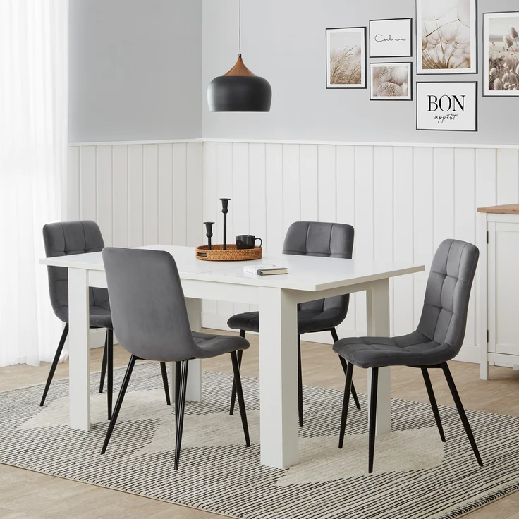 Esstisch mit 4 Stühlen Set Essgruppe Samt Polsterstühle Grau Küchentisch Modern Holz Weiß 120x80 cm Esszimmertisch Massiv – Bild 10