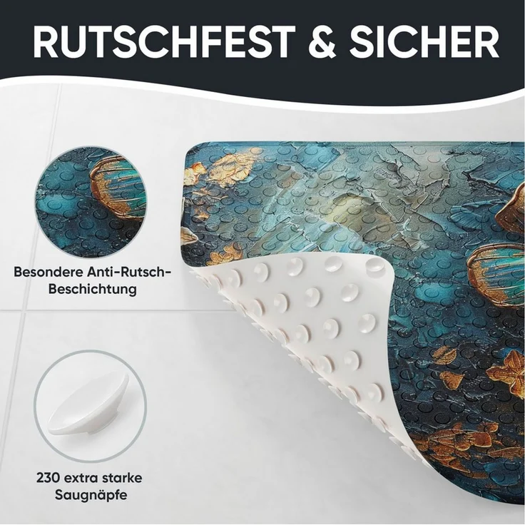Sanilo Duschmatte, mit Motiv, rutschfest, waschbar, quadratisch, 230 extra starke Saugnäpfe, Kunststoff PVC, 53 x 53 cm, Mariposa – Bild 4