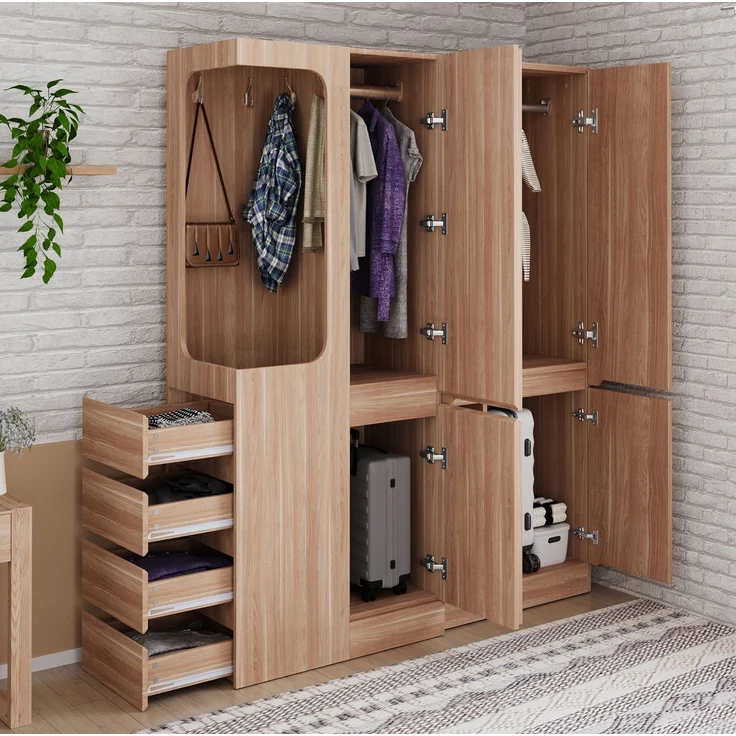 CHICFURN Kleiderschrank 140x170x40 cm aus Holz mit Schubladen und offenem Hängebereich Naturholz – Bild 2