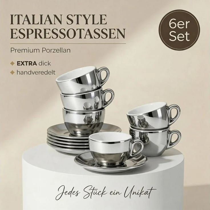 MUVELL Espressotasse 6x Espresso & Untertassen Set 0,8 cm dickwandig, chrome, 6-tlg, Keramik, 60 ml chrome mit weißen Rand und Innenfläche – Bild 2