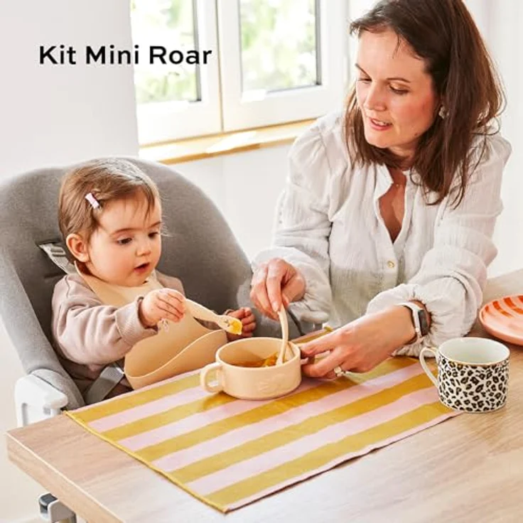 Babymoov Baby Geschirrset Mini Roar - ab 4 Monate - 4er Set Silikon, Baby Lätzchen, 2x Babylöffel, Schüssel, BPA-frei, Spülmaschinenfest – Bild 2