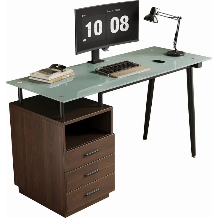 Abrihome Schreibtisch mit Glasplatte und 3 Schubladen, Braun, 75x50x130 cm – Bild 2