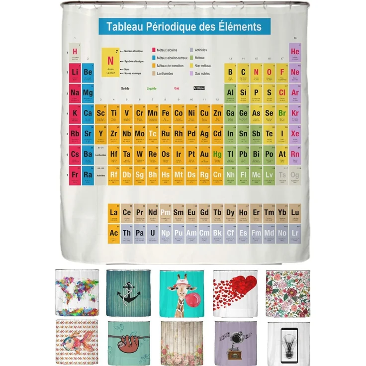 arteneur® - Duschvorhang Periodensystem Französisch - Anti-Schimmel Duschvorhänge 180x200 - Recycelt mit Öko-Tex Standard 100 - Beschwerter Saum Ohne Kleben, Wasserdicht, Waschbar, 12 Ringe in Weiß