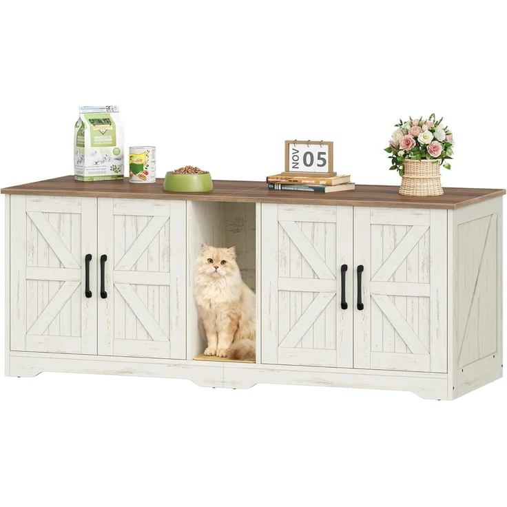 Katzenklo Schrank für 2 Katzen, Katzenklo Versteckt Schrank Möbel, Katzenhaus Holz Beistelltisch mit Kratzmatte, für Wohnzimmer und Schlafzimmer, 140 x 50 x 55 cm, Braun & Weiß – Bild 2
