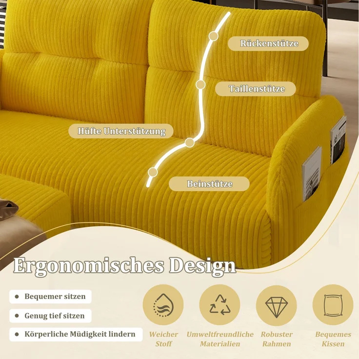 LVHOM Cord 3er-Set 2-Sitzer+Sessel+Hocker, Flexibel für Wohnzimmer Ecksofa mit Seitentaschen, Sitzgruppe Gelb – Bild 3