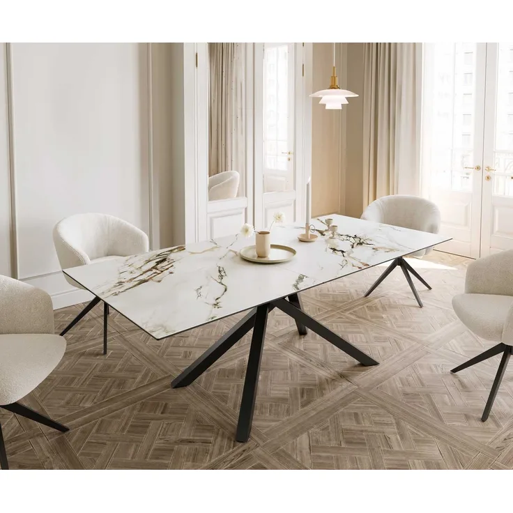 Esstisch Edge 180-220x100 Keramik Calacatta Luxe Weiß-Gold-Grau Kreuzgestell Rechteck Schwarz ausziehbar
