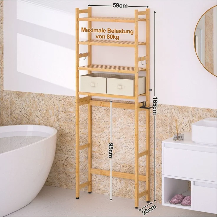 Yorbay Badregal Toilettenregal mit 2 Körben, Bambus WC Regal,59*23.3*166CM, Multifunktional Badezimmerregal,Platzsparend,Einfache Montage – Bild 3