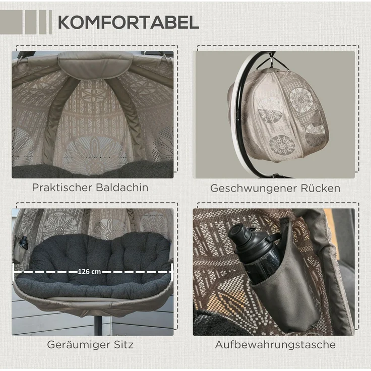 Hängesessel für 2 Personen mit Stahlgestell, faltbar, 132x126x172 cm, Sand – Bild 6
