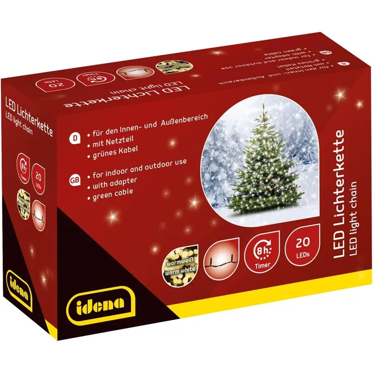 Idena 8325052 - LED Lichterkette mit 20 LEDs in Warmweiß, mit 8 Stunden Timer Funktion und Transformator, ca. 3,9 m lang, Deko für Innen & Außen, als Party Deko, Weihnachtsdeko, zur Hochzeit