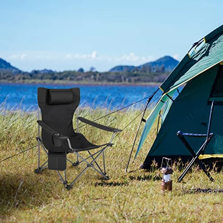 WOLTU Campingstuhl klappbarer Angelstuhl ultraleichter Stuhl Liegestuhl mit Lehne Fußstütze Getränkehalter Aufbewahrungstasche Sonnenstuhl belastbar 150 kg Faltstuhl aus Oxford-Gewebe Schwarz – Bild 3