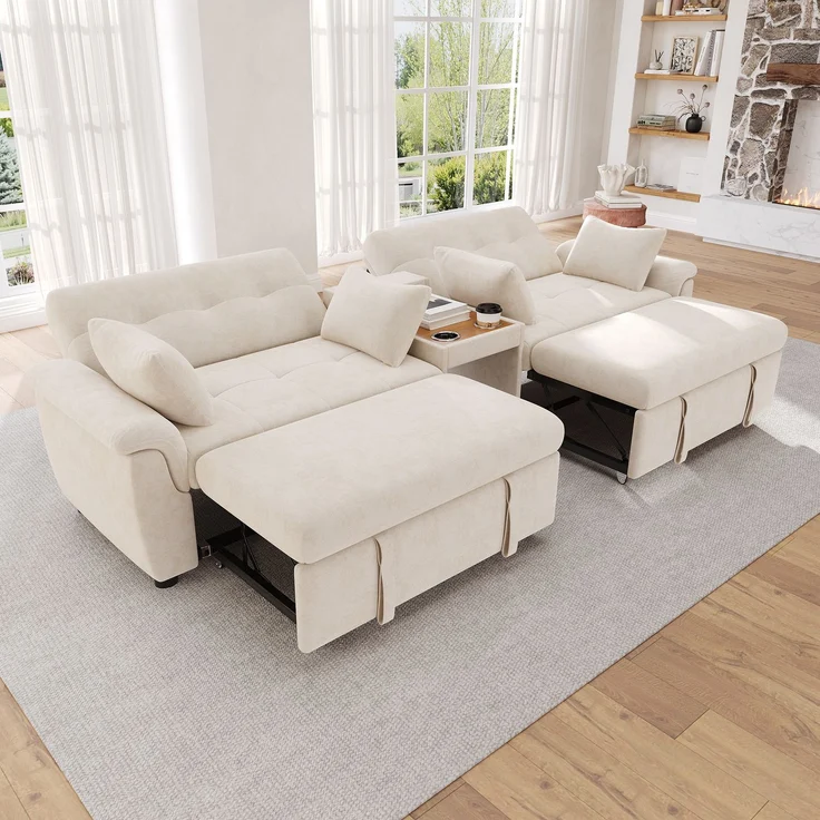 Merax U-förmiges Schlafsofa, ausziehbar, Doppel-Schlafauszug, verstellbare Rückenlehne, Haustierbereich, Couchtisch mit 2 Becherhaltern, 4 Kissen, Chenille, Beige, 284×138×89 cm – Bild 3