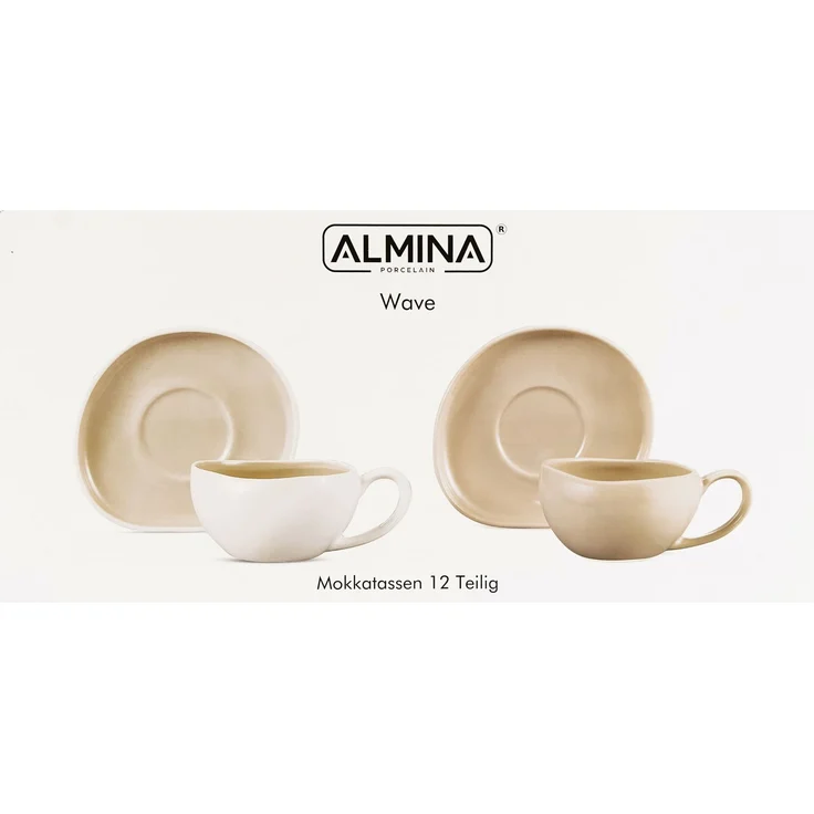 Wave Cream Mokkatassen mit Untertellern - 12-teiliges-Set in Weiß-Beige – Bild 5