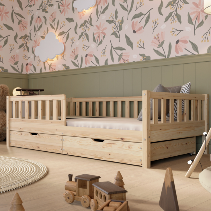 Crazy Pine 'Crazy Basic' Kinderbett mit Rausfallschutz, Skandinavisches Design, Holz, Natur, 80x160 cm, mit Schublade
