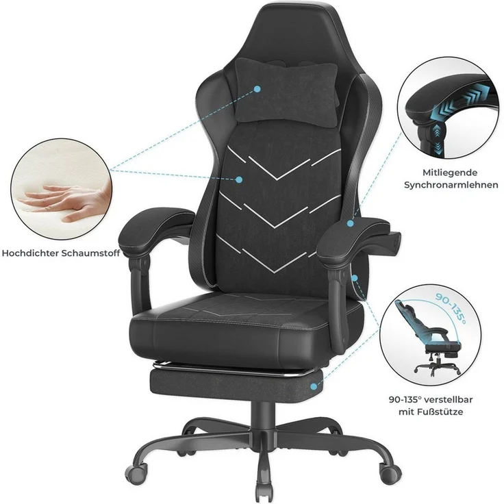 HOMALL Gaming-Stuhl mit Federkern,Atmungsaktiver Stoff, Komfort für Büro & Gaming, gaming stuhl mit Fußstütze,breites & dickes Sitzpolster – Bild 5
