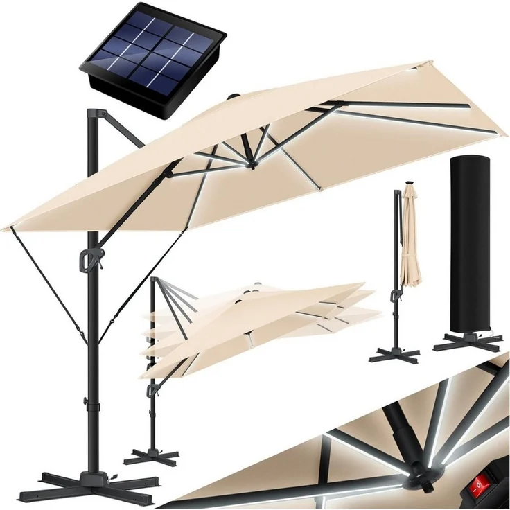 KESSER® Sonnenschirm Ampelschirm SUN XL 300 x 300 cm Inkl. Abdeckung +Windsicherung Drehbar Neigbar Kippbar Marktschirm Groß 360° Rotation, Gartenschirm mit Kurbel Sonnenschutz UV50+ Beige, Mit LED – Bild 1