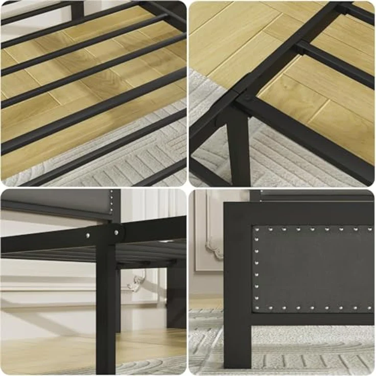 VECELO 2er-Set Polsterbett 90x200 cm mit Lattenrost, Einzelbett mit Leinen-Kopfteil und Nietenakzente, stabiles Metall-Bettgestell, geräuscharm, einfache Montage, Dunkelgrau – Bild 6