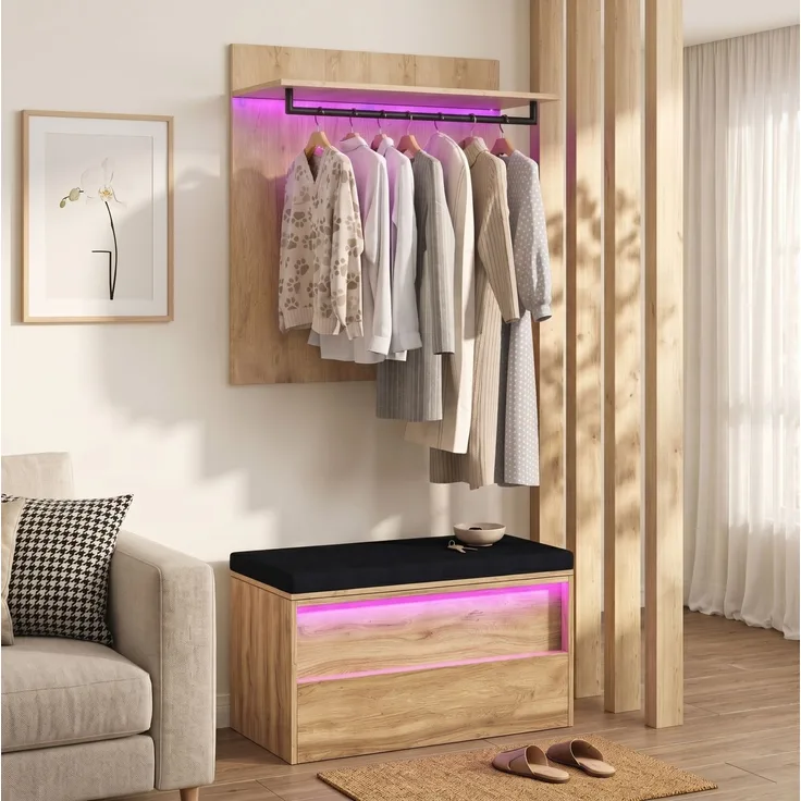 Garderoben-Set mit Schuhbank, Sitzkissen & LED-Beleuchtung, 90x47x145 cm, Eiche