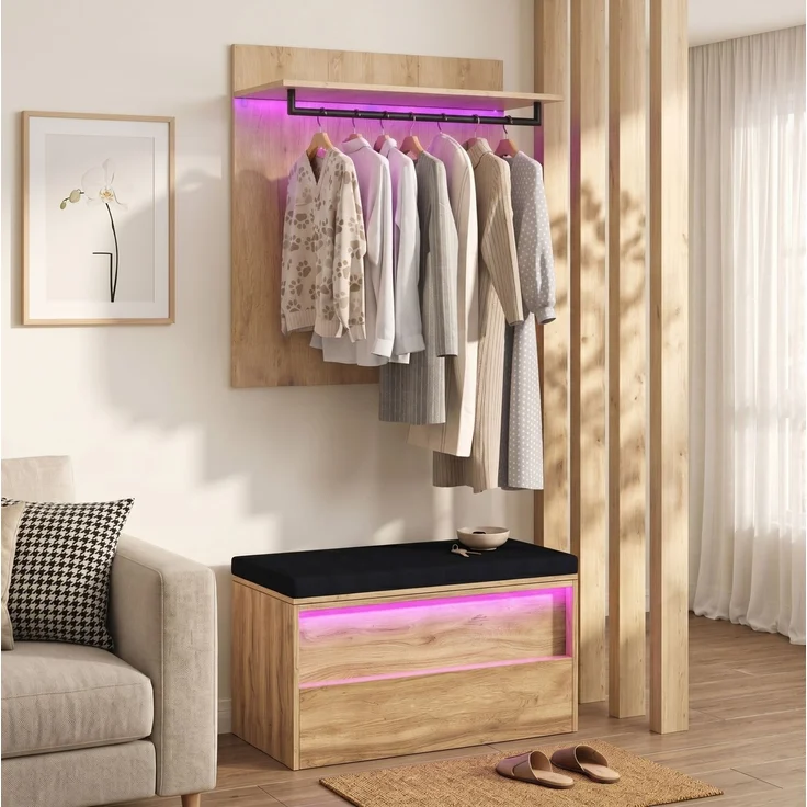 Garderoben-Set mit Schuhbank, Sitzkissen & LED-Beleuchtung, 90x47x145 cm, Eiche – Bild 1