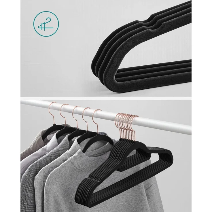 SONGMICS Kleiderbügel Samt, 30er Set, Bügel, rutschfest, kleine Stange für Krawatten, 360° drehbarer Haken, 0,6 cm dick, platzsparend, 43,5 cm lang, für Mäntel, Hosen, Roségold-Schwarz CRF21BK30 – Bild 3