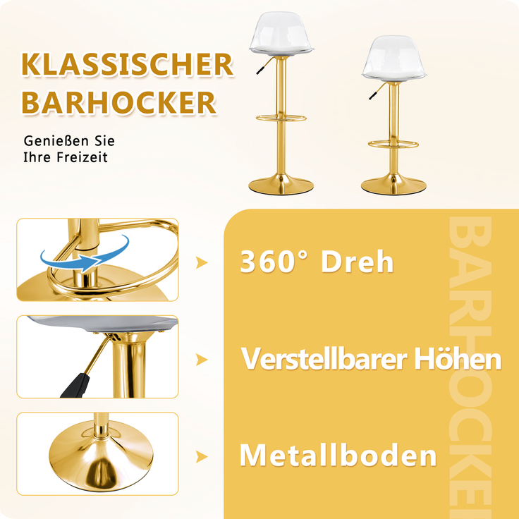 Flexibles Bar-Set: 89 cm Glastisch + 2 Hocker mit goldfarbenen Beinen, höhenverstellbar & drehbar, • Transparente Optik • 360°-Drehung • Vielseitig nutzbar, Schafft visuelle Weite und spart Platz.--Gold, Transparent--93x93x6cm--YOUDENOVA – Bild 7