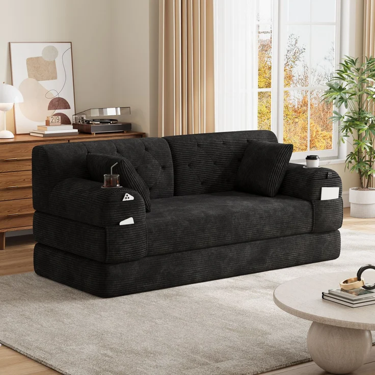 TavilaEcon 2-Sitzer Schlafsofa, komprimiertes Cord Sofa mit hoher Rückenlehne schwarz 81 × 80 × 168 cm (H × T × B) – Bild 8