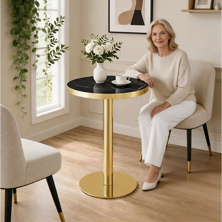 Runder Beistelltisch 59,5cm×59,5cm×73,5cm mit Marmoroptik – Tischplatte und goldfarbenem Edelstahlgestell – Bild 3