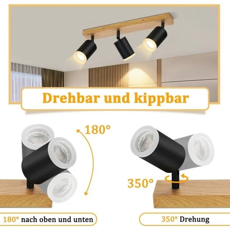Nettlife Deckenstrahler Schwarz/Weiß GU10 Holz Vintage Deckenspots Küchenlampe, Schwenkbar, LED wechselbar, 350°Drehbar Flur Strahler Industrial für Wohnzimmer Schlafzimmer Küche – Bild 4