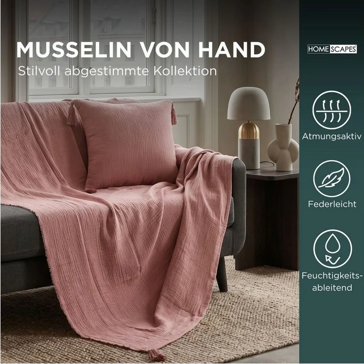 Plaid Musselin-Decke rosa mit Quasten, 127 x 180 cm – 100 % Baumwolle, Homescapes – Bild 3