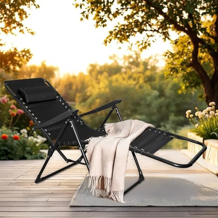 Spetebo Relax Sessel, Garten Liegestuhl mit Kopfkissen, verstellbare Rückenlehne und Fußteil, schwarz, 175 x 101 cm – Bild 2