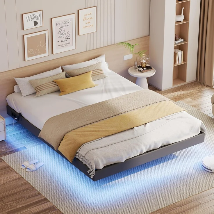 IRONCK Bett 160x200 mit LED Beleuchtung und Ladestation, Bettgestell 160x200 mit Stauraum, Floating Bed Frame, Bettrahmen 160x200 cm, Jugendbett, Metallbett mit Lattenrost Doppelbett, Grau