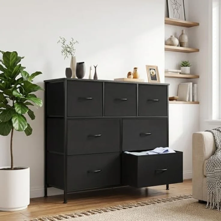 DUMOS Kommode für Schlafzimmer mit 7 Stoffschubladen, hohe Kommode Organizer für Kleidung, Schrank Kinderzimmer, Aufbewahrungsturm mit Schrank, Metallrahmen, Holzplatte, leichte Kinderzimmermöbel – Bild 1