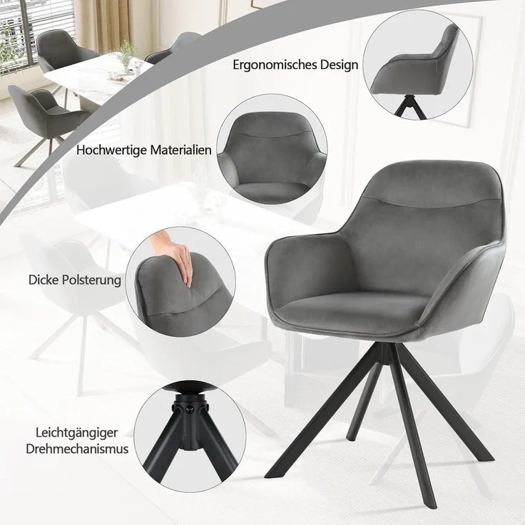 GOEURVANT 1370 Esszimmerstühle 4er-Set mit Armlehnen, 360° Drehbar, Samt - Dunkelgrau – Bild 9