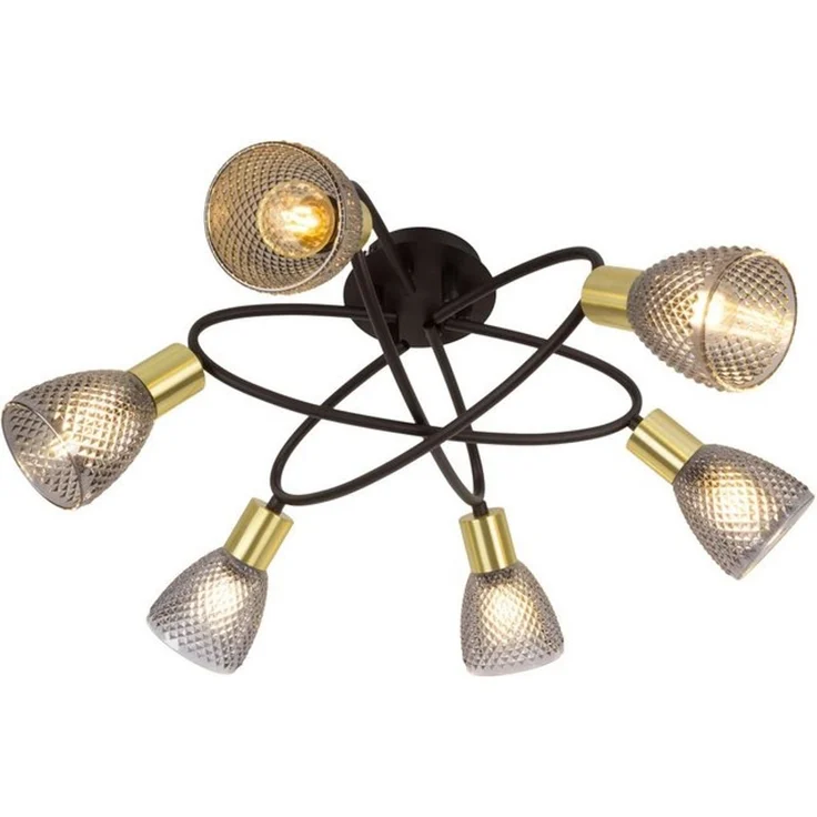 näve Deckenleuchte Lindita, ohne Leuchtmittel, 6er Spot, Relief-Glasschirm smokey, Gestell messing matt, 6x E14 exkl. – Bild 4