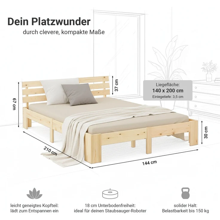 Holzbett mit Federkernmatratze 140x200 Jugendbett Doppelbett Bett Holzbettrahmen Natur Massiv Holz Lattenrost – Bild 3