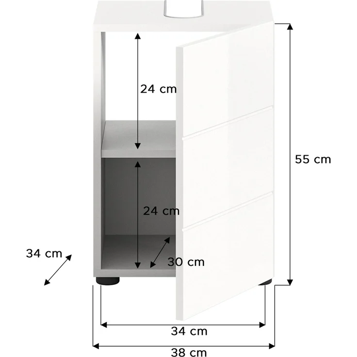 Xonox. home 'Vira' Waschbeckenunterschrank mit Syphonausschnitt, MDF weiß, Hochglanz, 38 x 56 x 34 cm – Bild 4