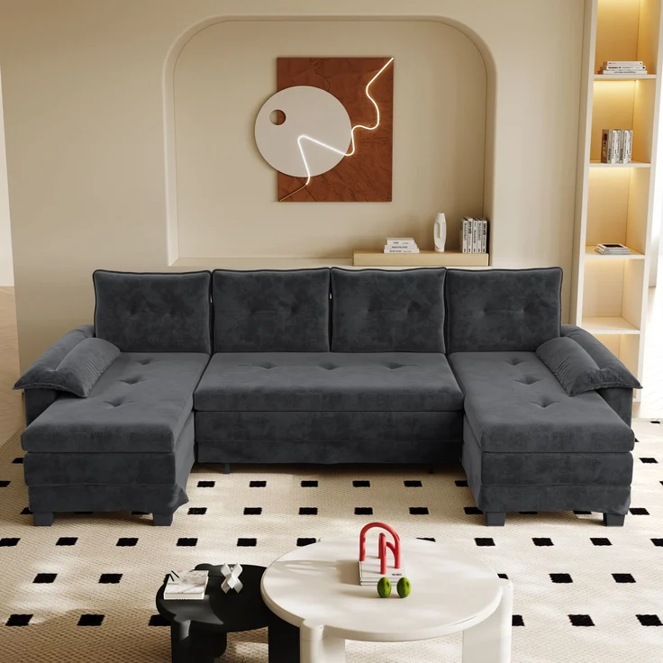 Wohnora-278 cm U-förmiges Schlafsofa, Convertible Sectional Couch with Pull-Out Bed, mit USB-Ladefunktion, abnehmbaren Armlehnkissen, Extragroßes, modulares Design, modernes Wohnzimmer-Sofa, graul,H 87cm x T 278cm x B 127cm,Grau – Bild 3