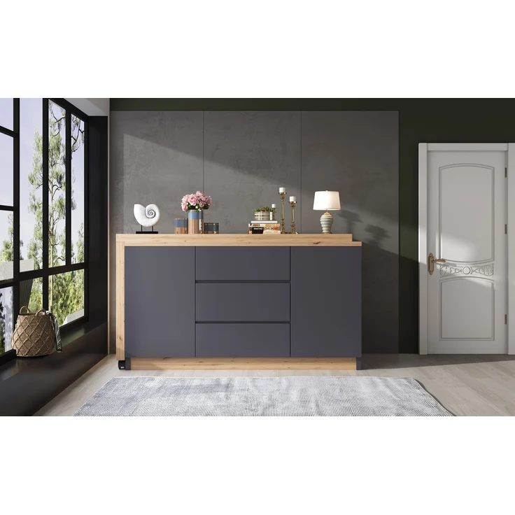Schreibtisch 120 x 50 x 76,5 cm, 360° dreh- und klappbar, 3 Schubladen, 2 Türen, 4 cm Tischplatte, 2 feststellbare Rollen, Spanplatte, Grau/Eiche – Bild 13