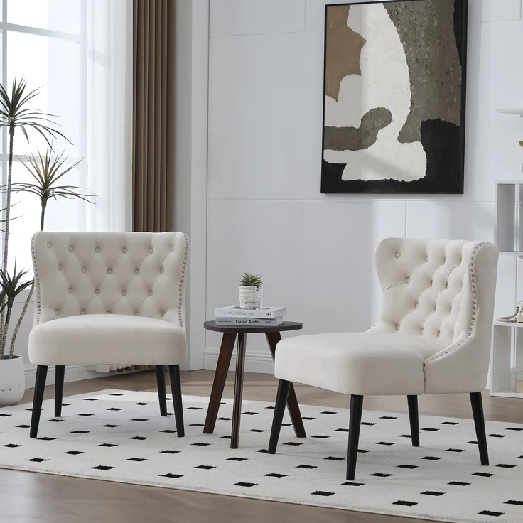 LVHOM Polsterstuhl aus Samt, Esszimmerstühle mit Knopfheftung, ohne Armlehnen, Massivholz Beine, Für Wohnzimmer, Büro & Schlafzimmer, Beige – Bild 10