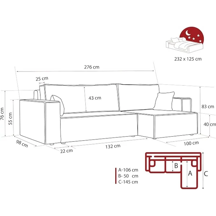 XL-Ecksofa mit Schlaffunktion und Bettkasten 276 x 145 cm – Bild 3