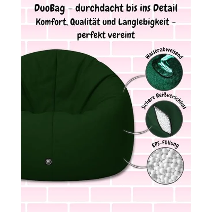 PATCH HOME 2-in-1 Sitzsack Sessel - Gaming Bean Bag mit Reißverschluss - Bereits befüllt, Ergonomisch & Robust für Kinder & Erwachsene - Indoor & Outdoor, Wetterfest (Dunkelgrün, 155cm) – Bild 5