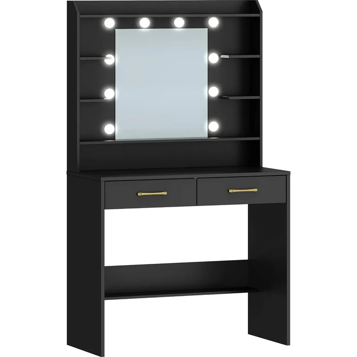 Schminktisch mit Spiegel, Schminktisch mit Ablageflächen und 2 Schubladen, für Schlafzimmer, Wohnzimmer, Verstellbare Helligkeit, 40 x 80 x 149 cm, Schwarz – Bild 2