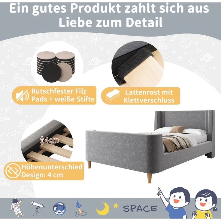 Merax Kinderbett Polsterbett,Einzelbett Schlittenbett mit kosmischem Muster, 90 x 200 cm, Für Jungen & Mädchen, Grau, Samt (Ohne Matratze) – Bild 5
