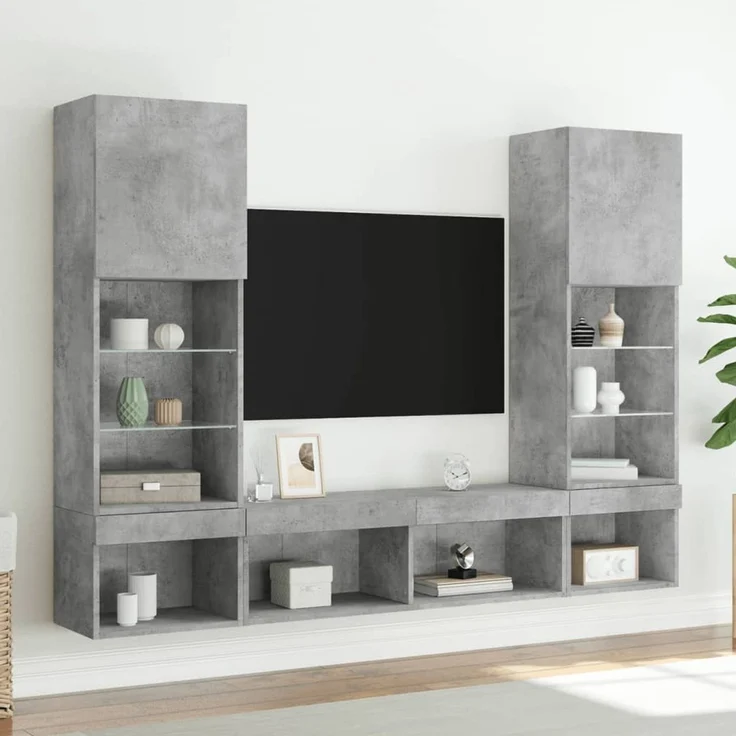 vidaXL 5-tlg. Wohnwand mit LED-Beleuchtung Betongrau Holzwerkstoff 3216693 – Bild 3